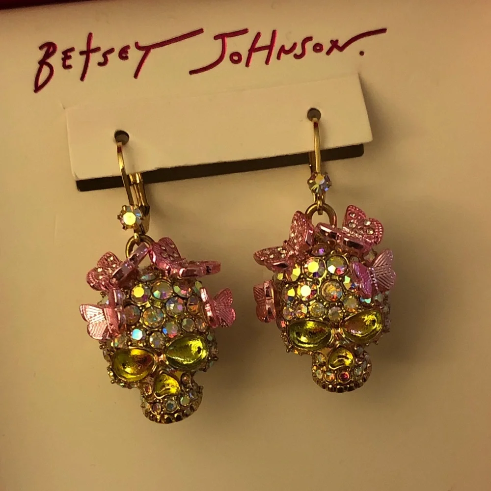 Betsey Johnson Gold Tone Sugar Skull Drop Earrings Butterfly Crystal Accents NIB